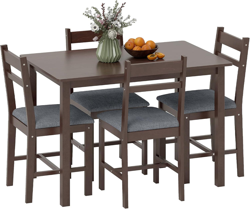 HOMCOM 5-Piece Solid Wood Dining Table Set for 4, Walnut and Gray | Farmhouse...