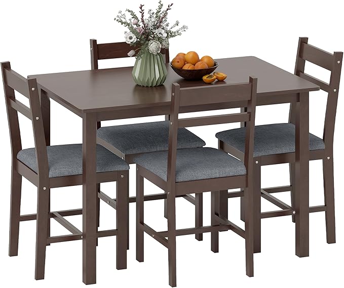 HOMCOM 5-Piece Solid Wood Dining Table Set for 4, Farmhouse Kitchen Table with Upholstered Chairs for Small Space, Dining Room, Breakfast Nook, Walnut and Gray
