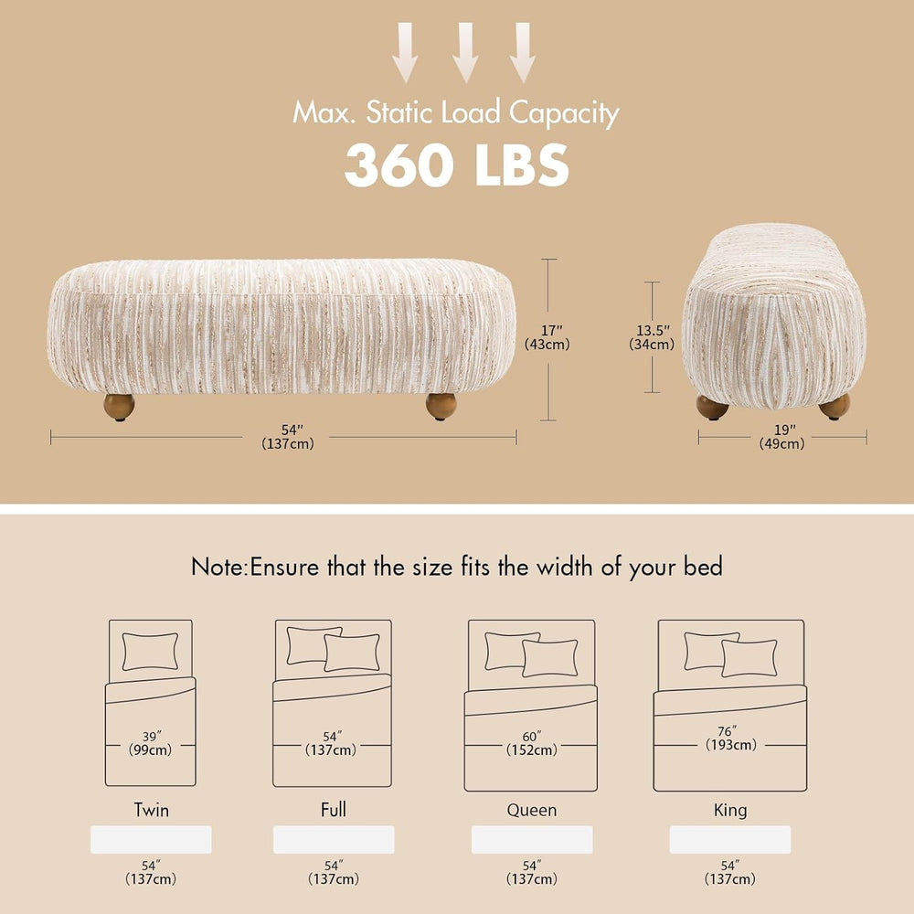 Hyfirm 54" Oatmeal Linen Upholstered Bench – Beige End of Bed Ottoman wi...