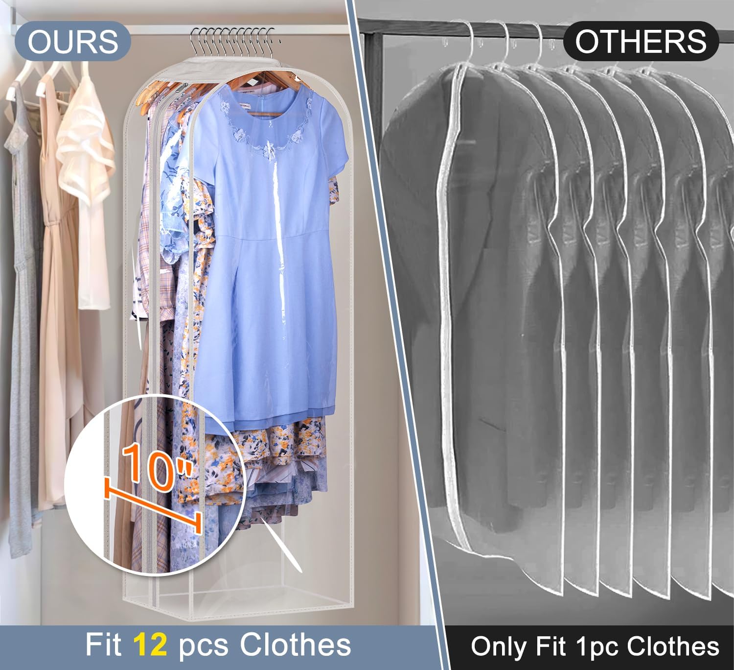 Sleeping Lamb 10" Gussetes Clear Garment Bags for Hanging Clothes Storage 50" Dress Bags for Closet Storage Coat Cover for Suits, Sweater, Jacket(3 Packs)