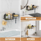 LEVERLOC Shower Caddy Suction Cup, Suction Caddy with Hooks and Soap Holder for Bathroom, No-Drilling Bathroom Shower Organizer, Black