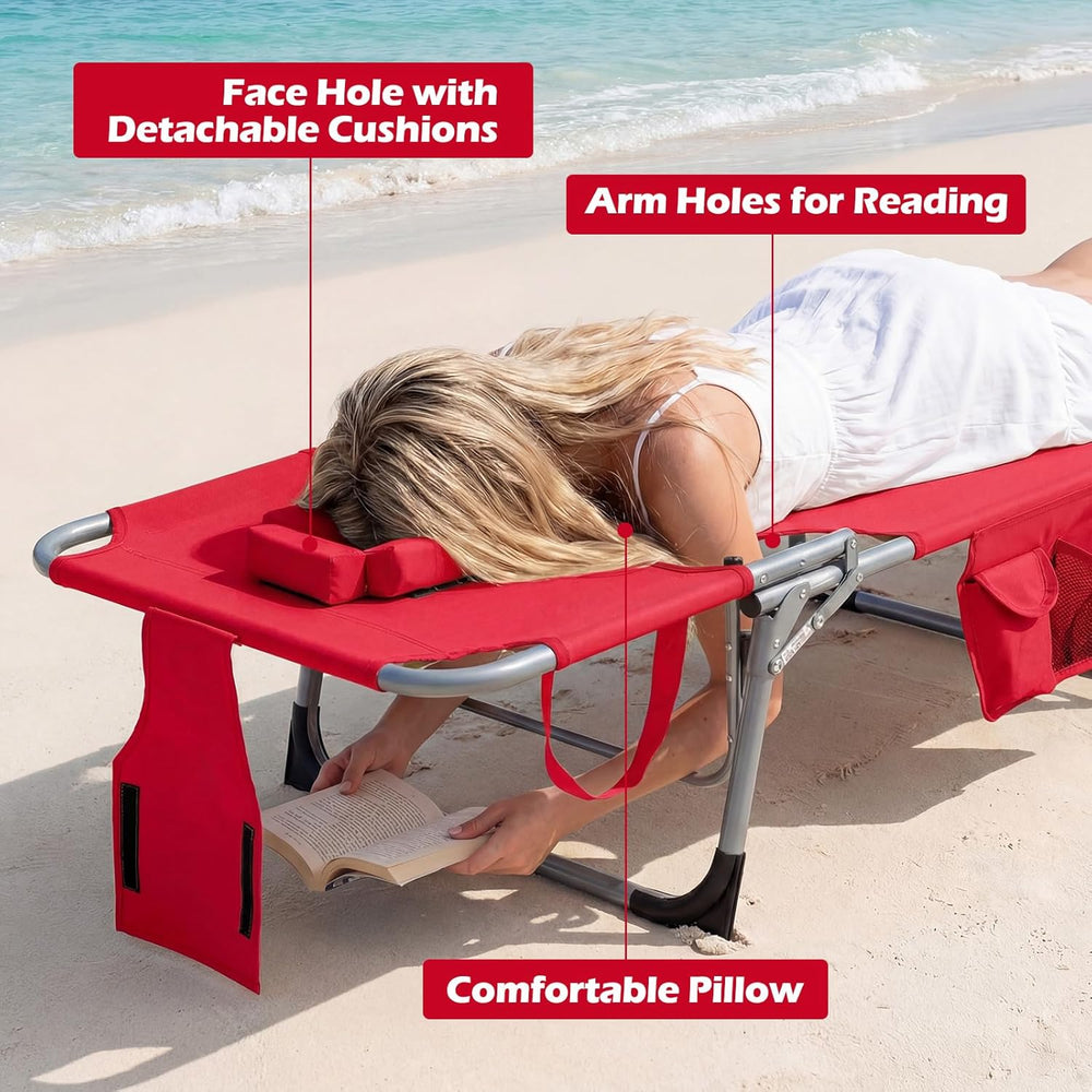 COSTWAY Tanning Chair with Face Hole, Folding Beach Lounge Chair with 4-Posit...