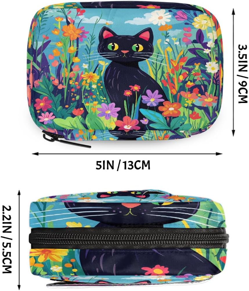 Art Painting Flower Cat Pill Organizer Travel Medicine Case with Zipper Daily Vitamin Storage Bag Portable 8 Slot Weekly Pill Box Supplement Holder for Home Office Gym Travel