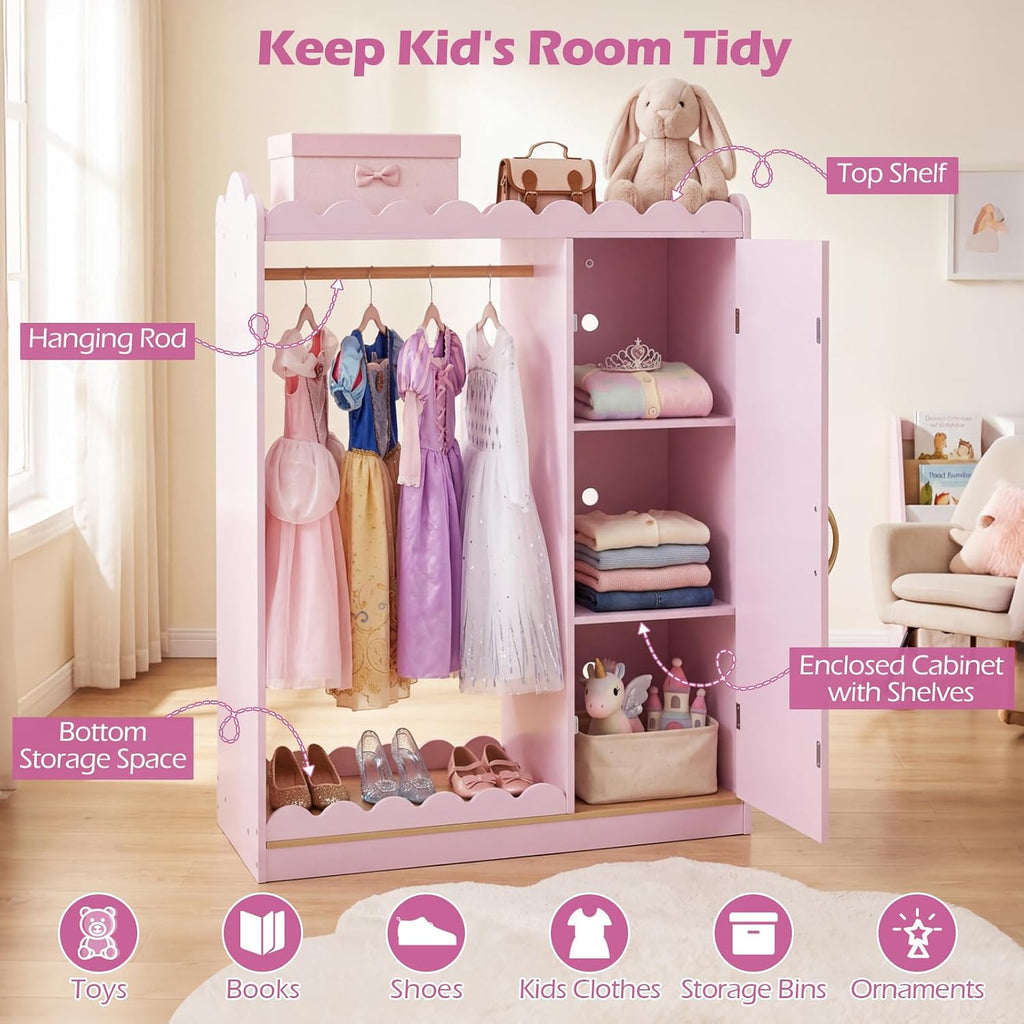 Costzon Kids Dress Up Storage with Mirror, Toddler Wardrobe Closet with Open Hanging Clothing Rack, Cabinet & Shelves, Kids Armoire & Costume Organizer for Bedroom, Kids Room, Playroom (Pink)