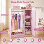 Costzon Kids Dress Up Storage with Mirror, Toddler Wardrobe Closet with Open Hanging Clothing Rack, Cabinet & Shelves, Kids Armoire & Costume Organizer for Bedroom, Kids Room, Playroom (Pink)