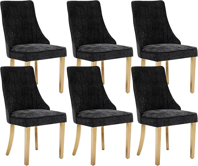 Dining Chairs Set of 6，Modern Channel Tufted Upholstered Dining Chairs with Golden Stainless Steel Legs, Comfortable Chenille Fabric Kitchen Chairs for Dining Room (Black, 6pc)