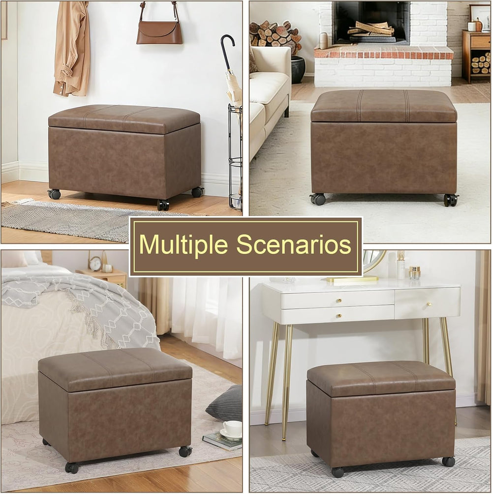 Asense 24-inch Rolling Storage Ottoman Bench, Upholstered Faux Leather Footre...