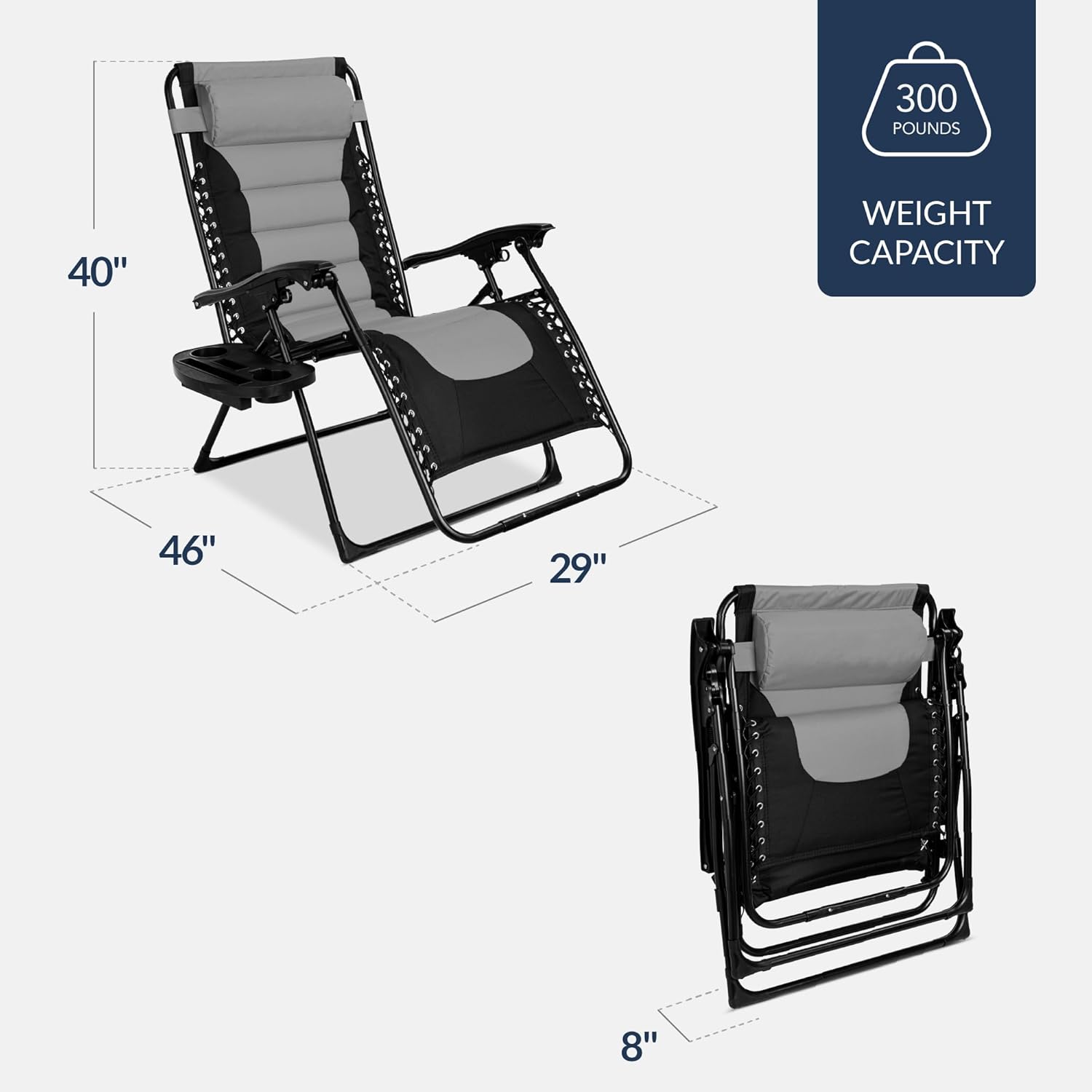 Best Choice Products Oversized Padded Zero Gravity Chair, Folding Outdoor Patio Recliner, XL Anti Gravity Lounger for Backyard w/Headrest, Cup Holder, Side Tray, Polyester Mesh - Gray