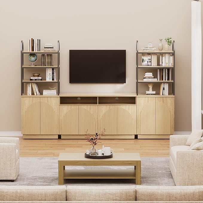 Yechen 110" Modular Entertainment Center with Bookshelves for up to 55", Mid Century Modern TV Stand with Storage, TV Cabinet with Open Shelves and Adjustable Shelves, Living Room, Natural Oak (3 PCS)