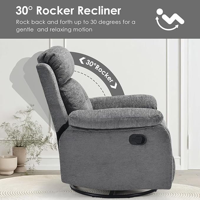 Swivel Rocker Recliner with 360 Degree Swivel, Small Recliners with 30 Degree, 90-150 Degree Angle, Lift Chair for Home Theater Seating, Adults, Living Room, Bedroom, Nursery, Limestone