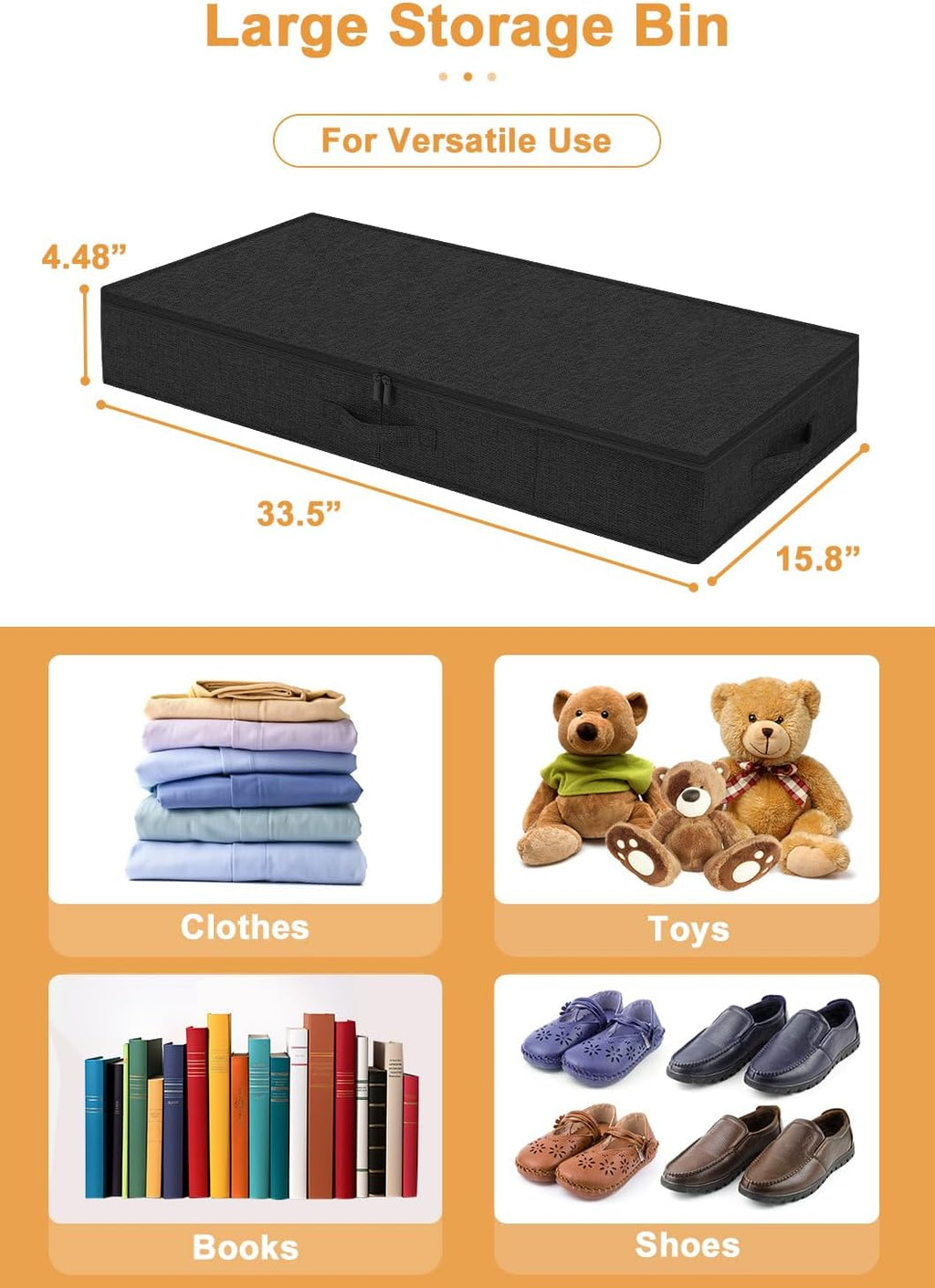 punemi Under Bed Storage Containers, 4.5 Inches Tall Low Profile Underbed Clothes Storage Organizer Bin with Sturdy Side & Bottom, Use as Shallow Dorm Storage Under Bed, Flat Clothes Organizer, Black