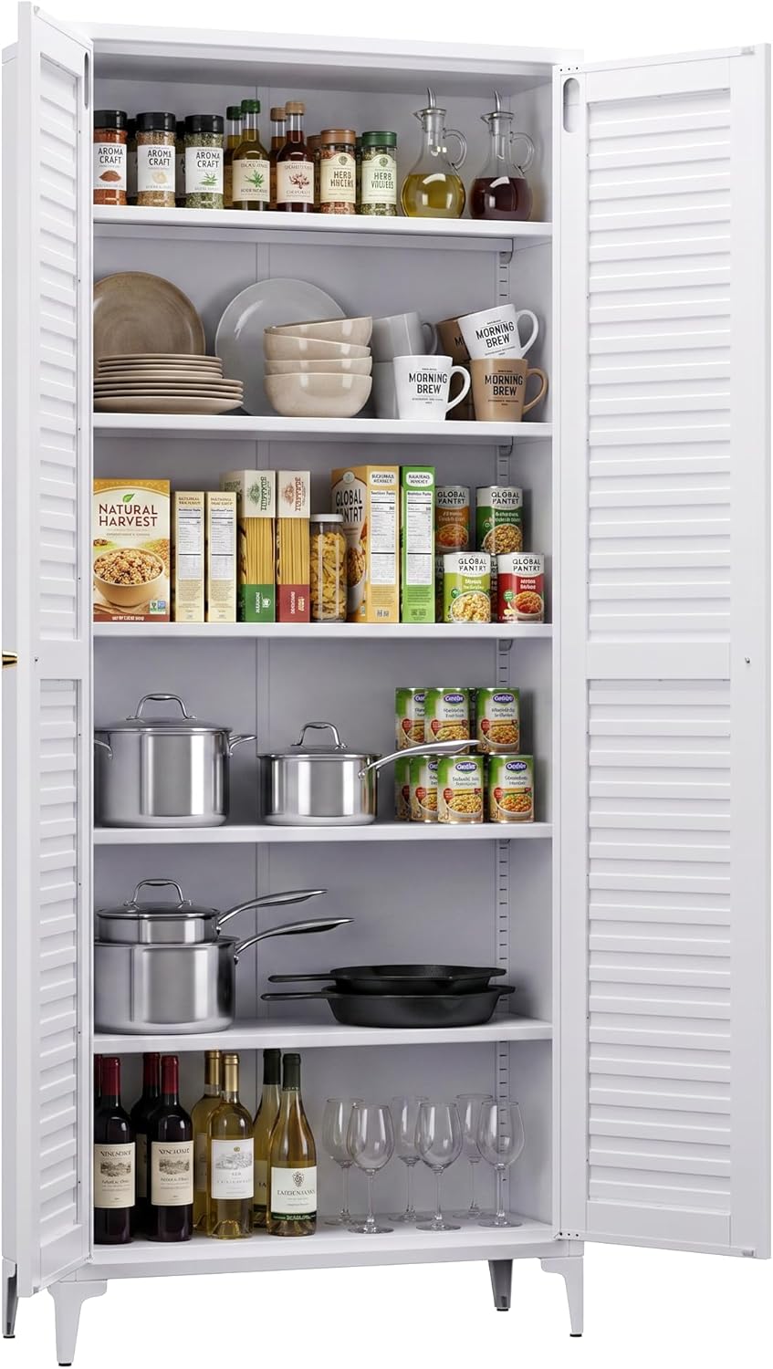 74" H Tall Kitchen Pantry Cabinet with Louvered Doors, Metal Storage Cab...