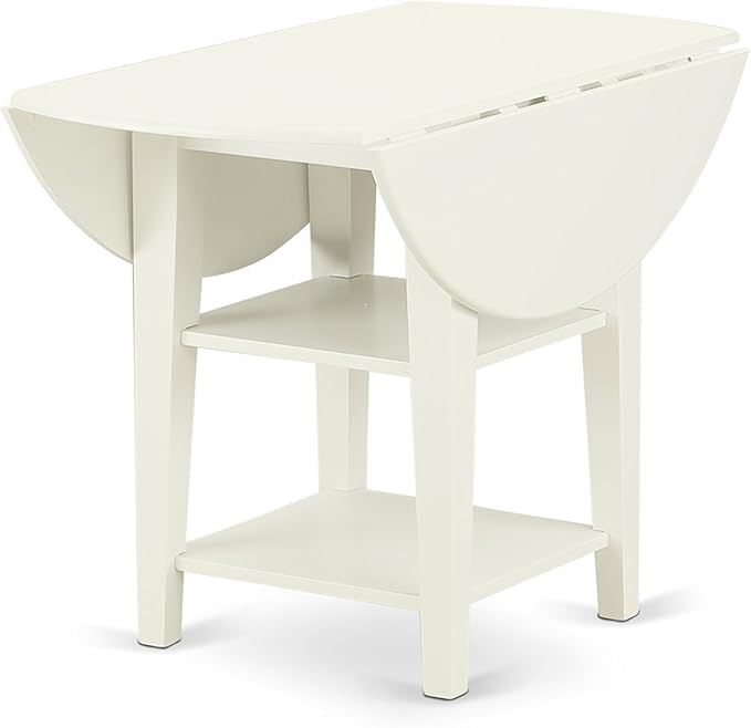 East West Furniture SUDA5-LWH-C 5 Piece Kitchen Table Set for 4 Includes a Round Dining Room Table with Dropleaf & Shelves and 4 Linen Fabric Upholstered Chairs, 42x42 Inch, Linen White