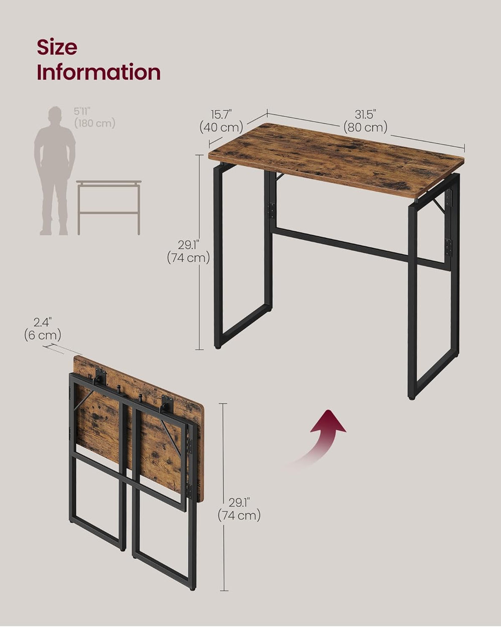 VASAGLE Folding Desk, Small Computer Desk, Foldable Table 31.5 Inch | One-Pie...