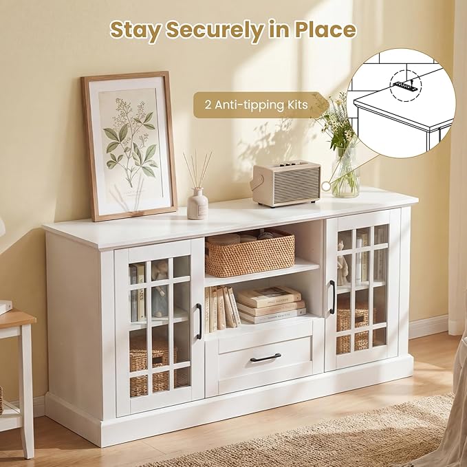 Giantex Farmhouse TV Stand for 65/70 Inch TV, Tall Entertainment Center with Storage Cabinets, Glass Doors, Drawer, Removable Shelves, Media TV Console Table for Living Room, Bedroom (White)