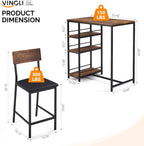 VINGLI Dining Table Set for 2, Kitchen Breakfast Counter Height Small 3 Piece Bar Table and Chairs Set with Storage, Brown