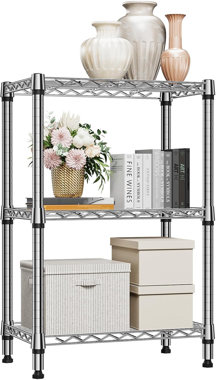 750 lbs 3 Tier Shelf Metal Storage Shelves Shelving Wire Rack Heavy Duty Closet Organizers for Garage Kitchen Bathroom Laundry Chrome 13.8" D x 23.6" W x 35.5" H