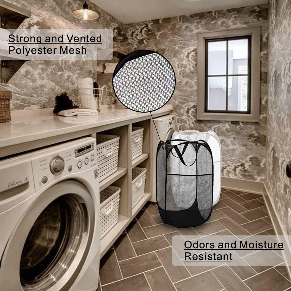 BATTOO Deluxe Strong Mesh Pop up Laundry Hamper Basket with Side Pocket for Laundry Room, Bathroom, Kids Room, College Dorm or Travel Black+White