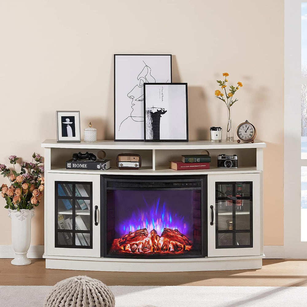 LUXOAK 59" Curved Fireplace TV Stand with Storage Cabinet for TVs Up to ...