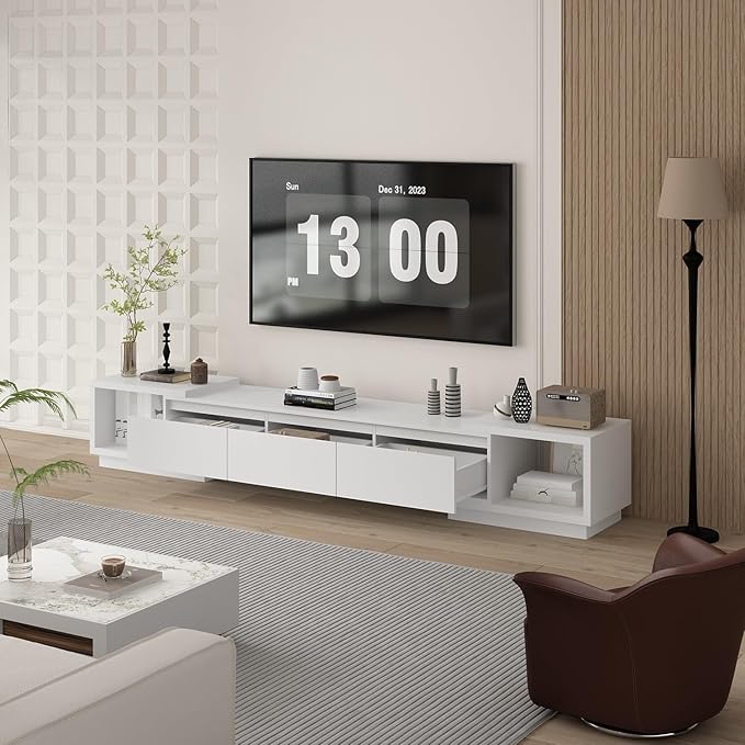 FAMAPY Extendable TV Console Table Modern TV Cabinet with Drawers, Contemporary Entertainment Center Media Storage Console Table for Living Room White (65.4-106.3”W x 15.7”D x 15.4”H)