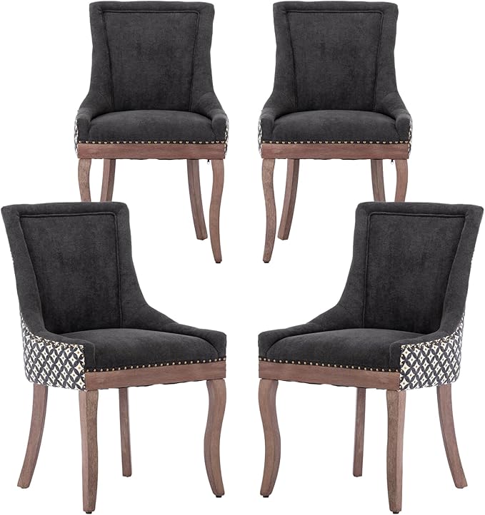 Modern Dining Chairs Set of 4, High Back Dining Chairs Side Chairs with Solid Wood Legs, Upholstered Fabric Dining Room Chairs for Dining Room Kitchen, Black and Patterned