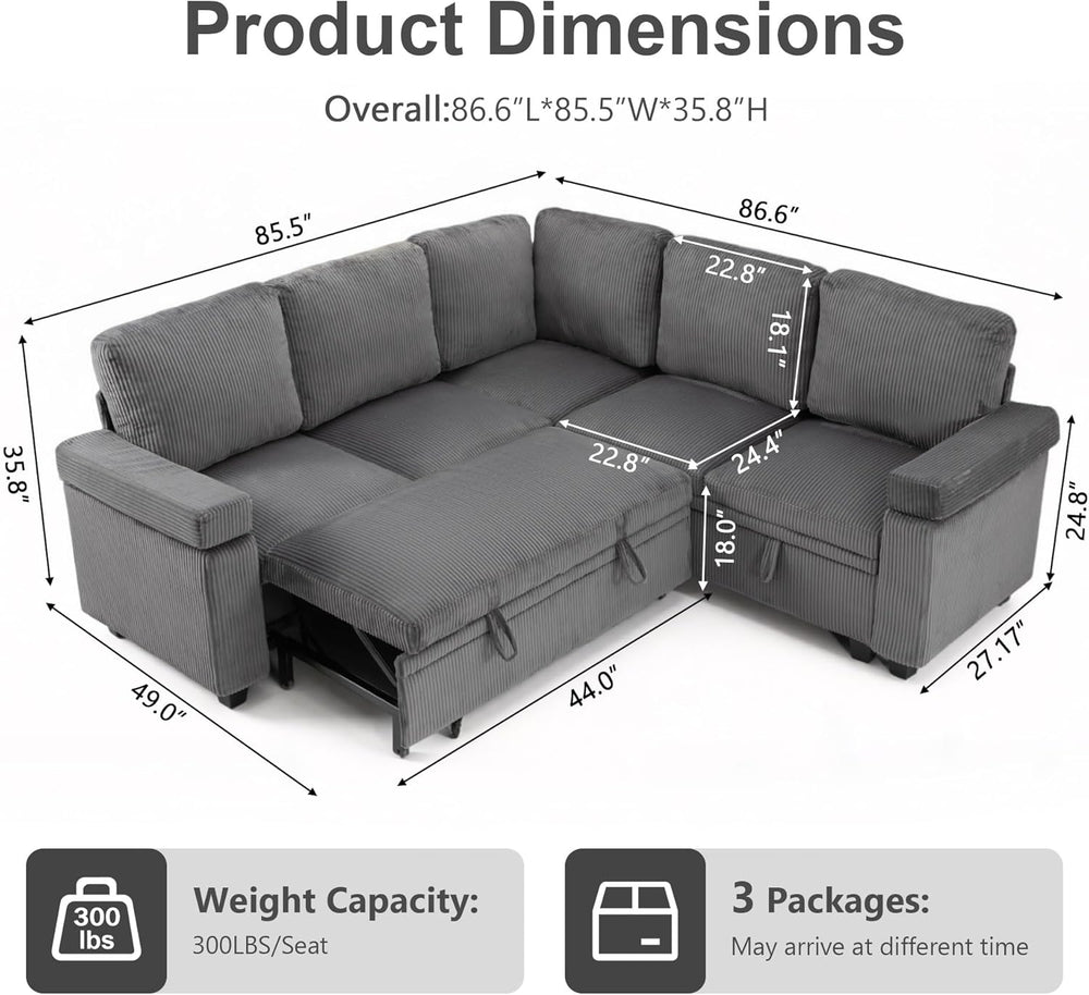 86 Inch L Shaped Sectional Sleeper Sofa with Storage, Sectional Modular Couch...