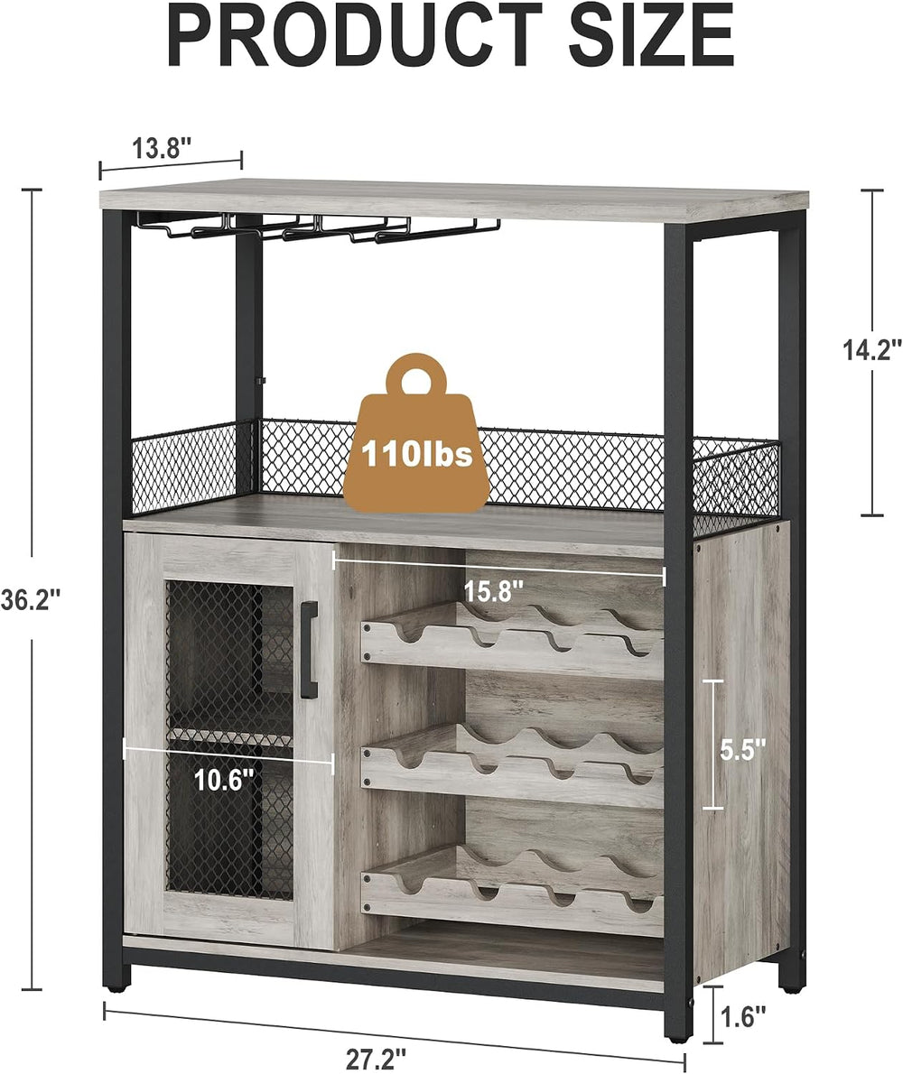 GAOMON Modern 36" Grey Wine Bar Cabinet with LED Lights & Mesh Door,...