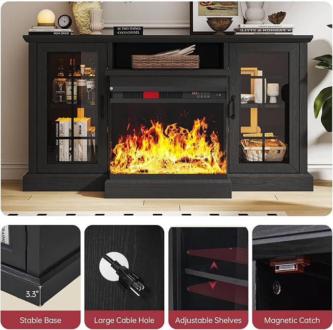 oneinmil 59'' Fireplace TV Stand with 3-Sided Glass, TV Cabinet for TVs up to 65", Modern Media Entertainment Center with Farmhouse Glass Door Storage Cabinets for Living Room, Black