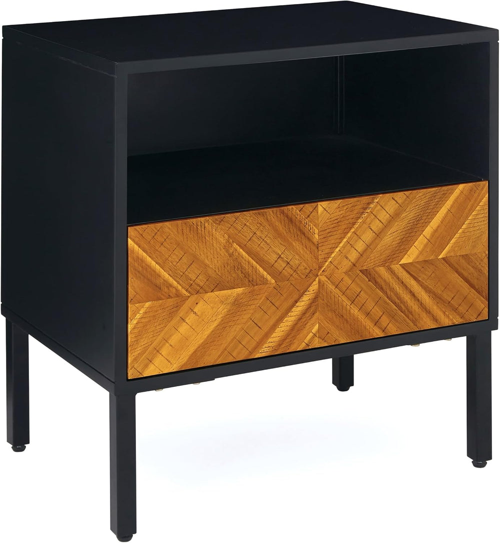 Bme Vivian Solid Wood Nightstand, End Table, Bedside Table with Herringbone P...