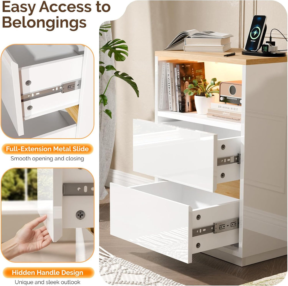 VINGLI White Nightstand with Charging Station, High Gloss Led Night Stand wit...