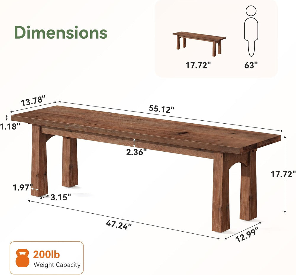 TRIBEWOOD 55 Inch Solid Wood Dining Bench, Entryway Bench, Rustic Brown | Sol...