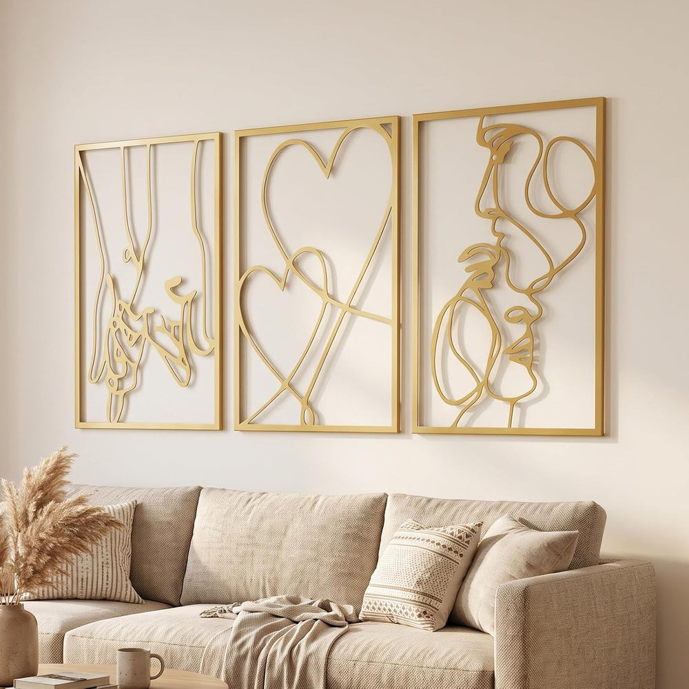 AMAATE 3Pcs Gold Romantic Couple Heart Hollow Metal Wall Sculpture Art