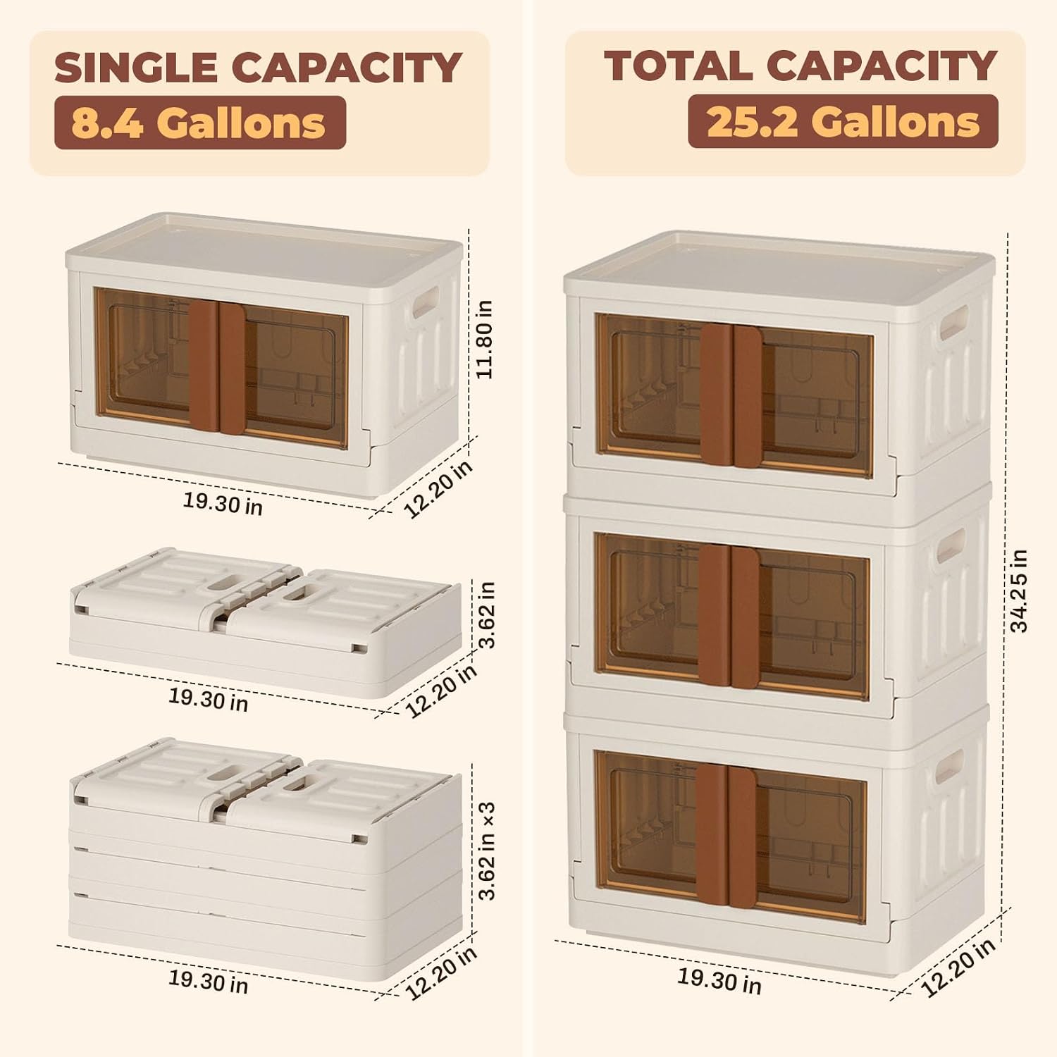FAHKNS 3 Pack 8.4 Gallon Collapsible Storage Boxes, Lidded Storage Box with Door and Wheels for Books, Towels and Clothes, Folding Storage Box for Home