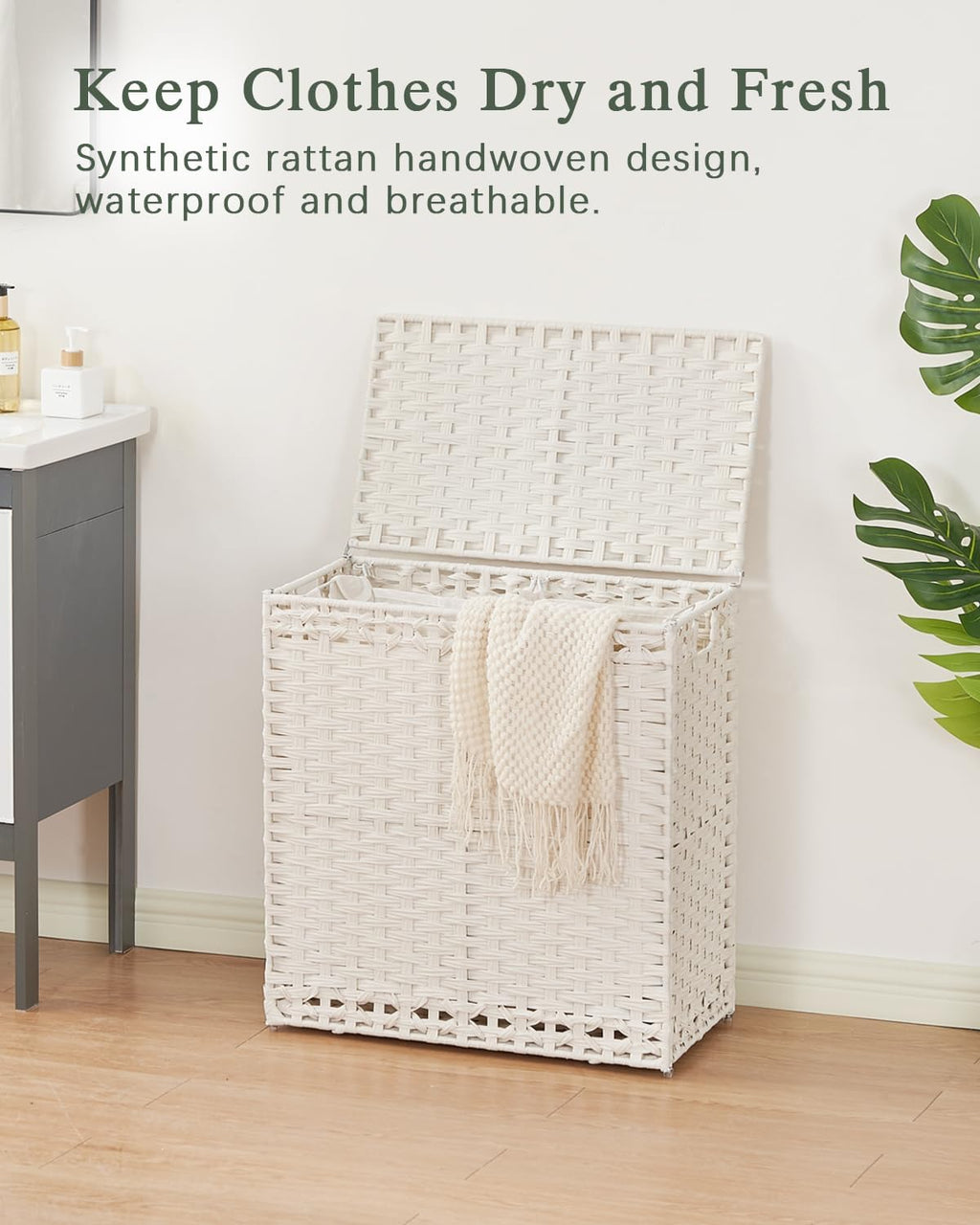 Laundry Hamper with Lid Wicker Laundry Basket 112 L (29.6 Gal) Laundry Hampers Handwoven Rattan Clothes Hamper with Handles 3 Removable Liner Bag, 6 Mesh Bags for Bathroom Bedroom White