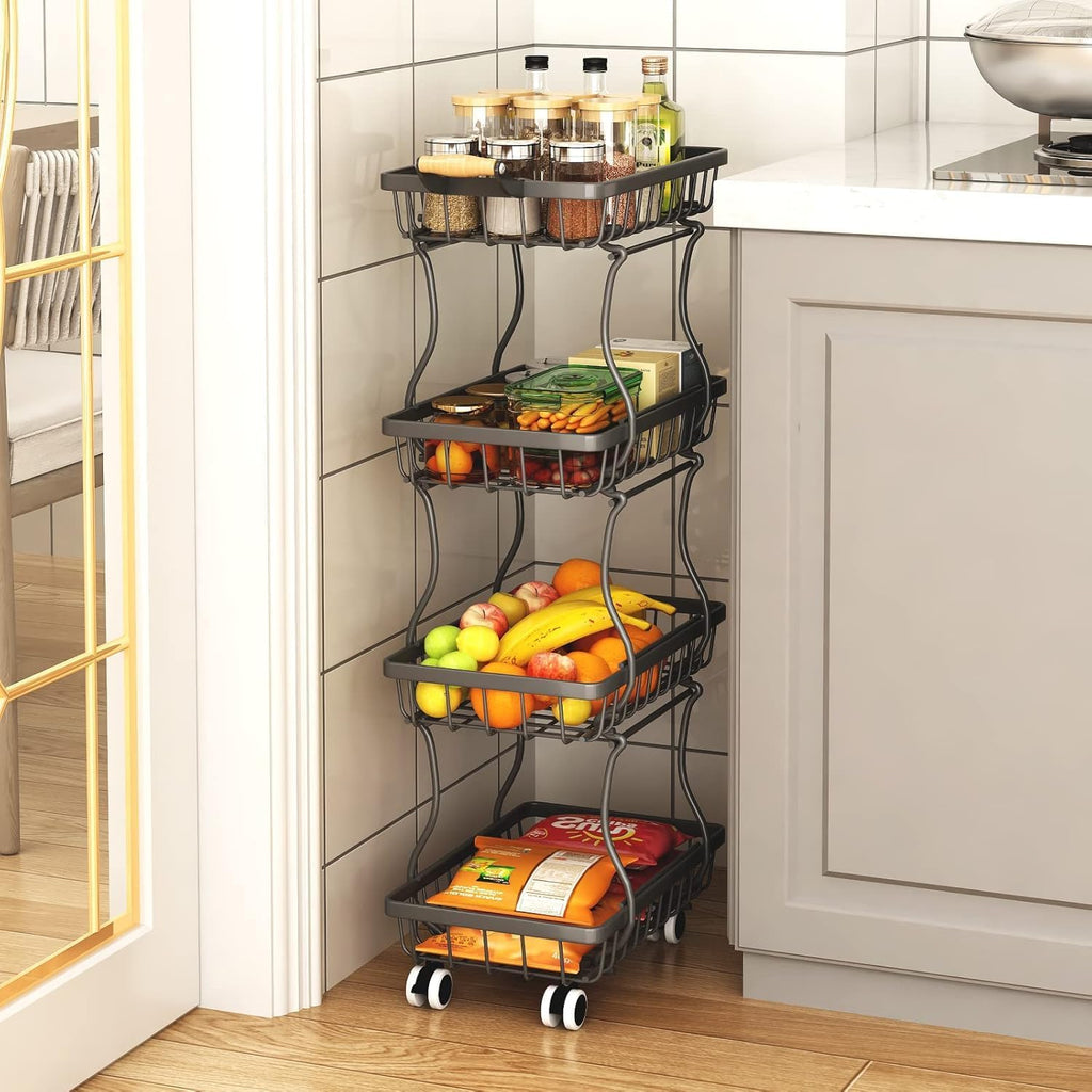Stackable Fruit Vegetable Basket 4 Tier Kitchen Storage Rolling Cart | metal frame, 9.4“ width for small ppace, easy assembly, veggie rack for potato onion produce apple banana, move smoothly