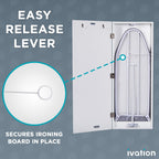 Ivation Wall-Mounted Ironing Board Cabinet, Foldable Ironing Storage Station for Home, Apartment, Easy-Release Lever, Garment Hooks, White