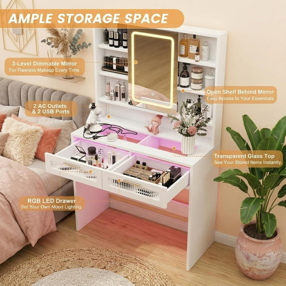 Hadulcet 35.5" Small Vanity Desk with Mirror and Lights, White Make Up V...