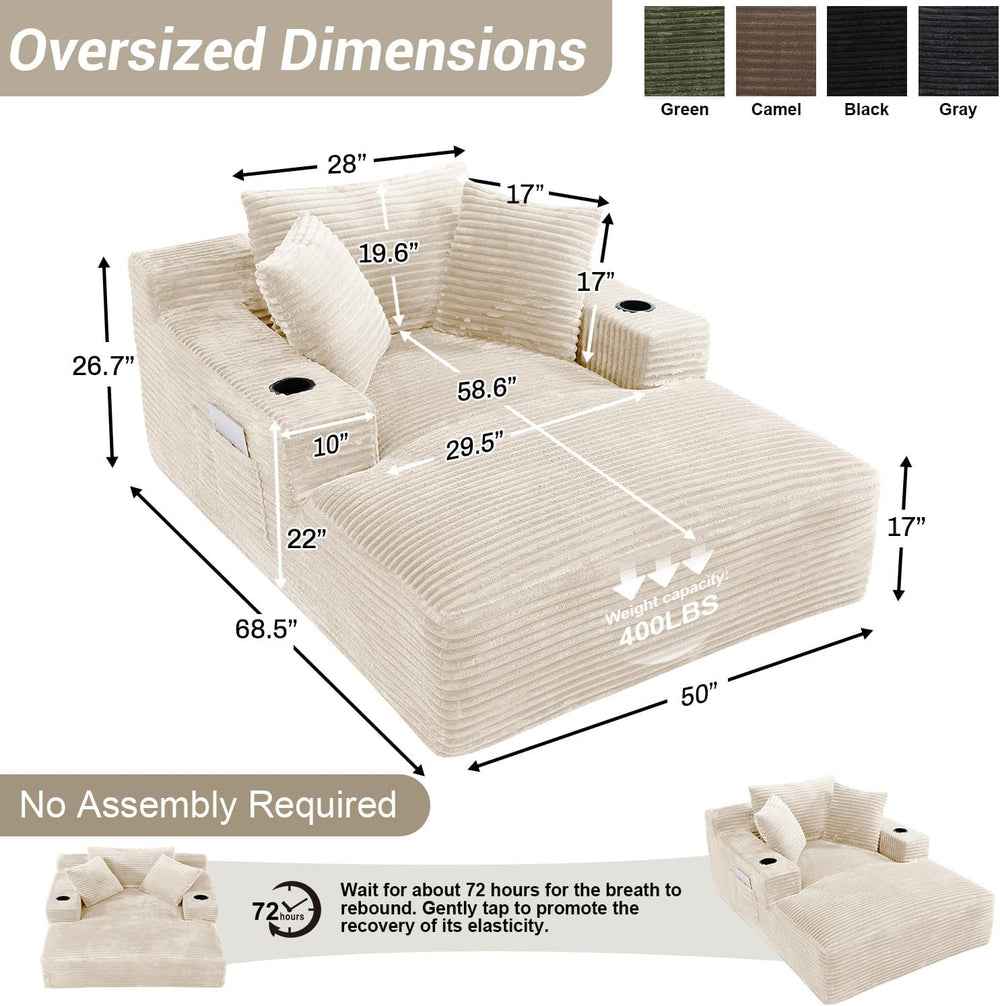 50" x 68" Corduroy Chaise Lounge, Cup Holders, Beige | Oversized co...