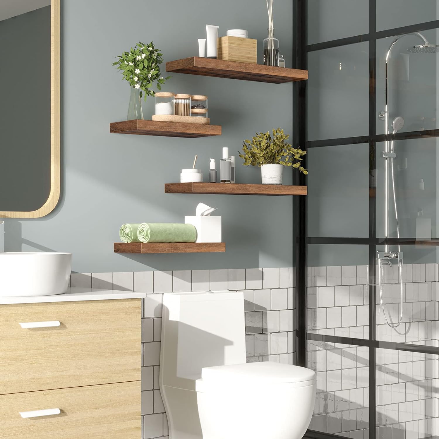 HOOBRO Floating Shelves for Wall, Wall Mounted Shelf Set of 2, 15.7" Hanging Shelf with Invisible Brackets, for Wall in Bathroom, Bedroom, Toilet, Kitchen, Living Room, Office, Rustic Brown BF40BJ01