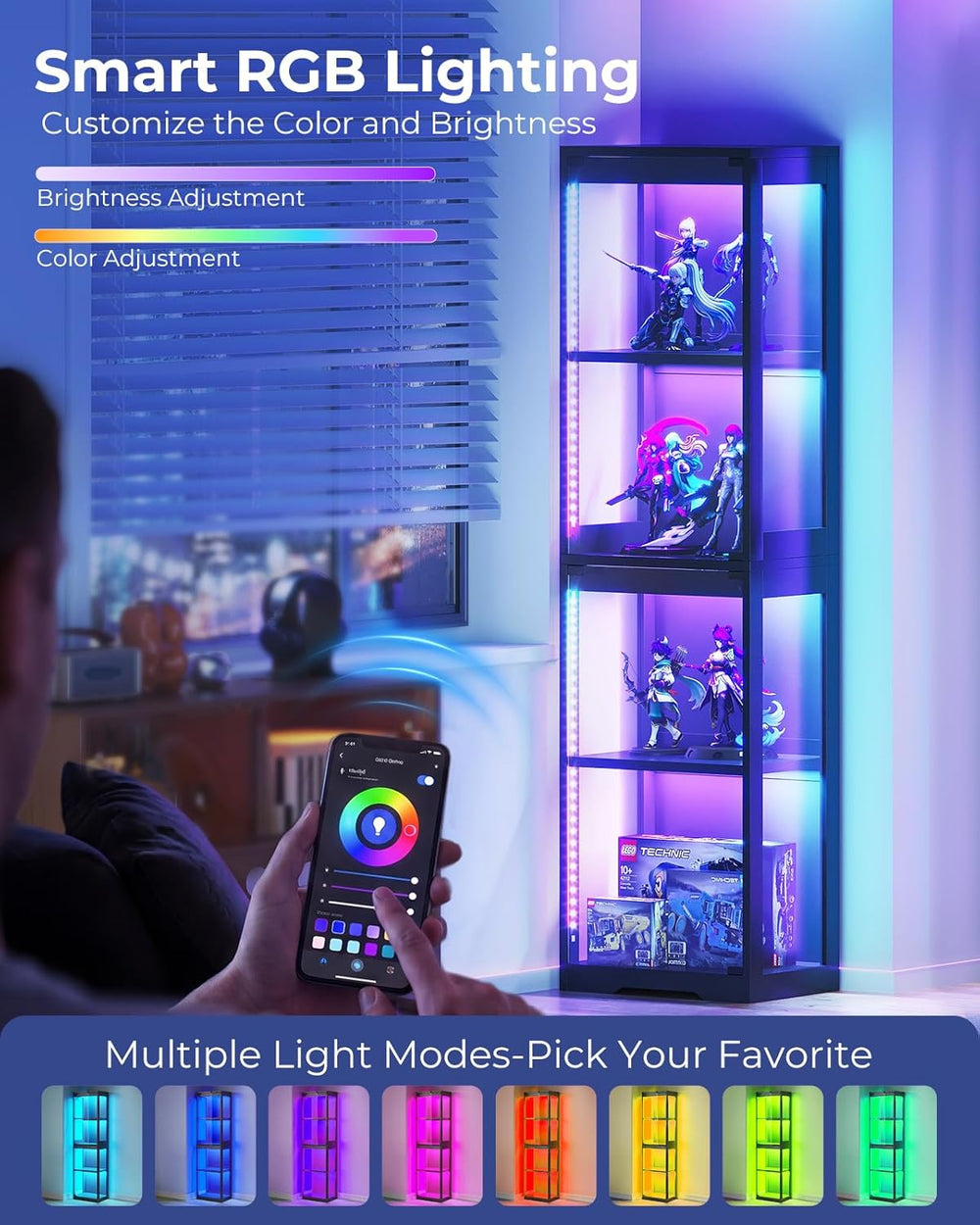 AODK Display Cabinet with Glass Doors, Glass Display Case with RGB LED Light,...