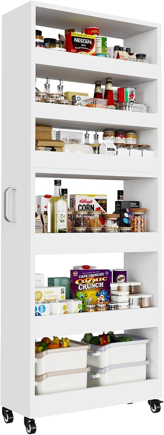 Slim Storage Cart, Lightweight 6 Tier Metal Rolling Utility Kitchen Cart on Wheels, Mobile Storage Shelving Unit Organizer for Bathroom Laundry Office Narrow Places (White, 10" D)