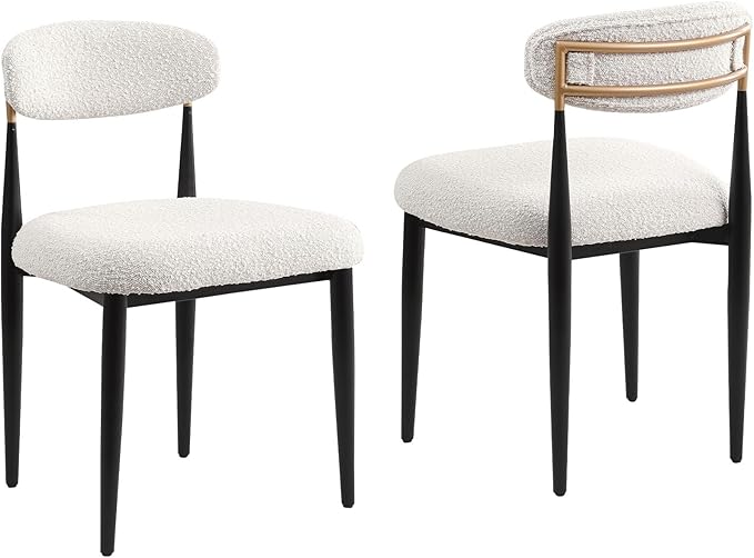 Morden Fort Modern Dining Chairs Set of 2, White Armless Chairs with Curved Backrest and Black Metal Legs for Dining Room, Kitchen and Apartment