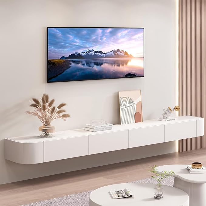 Floating TV Stand with Drawers, Pre-Assembled Wall Mounted TV Console, Modern Floating Media Console for Living Room, Space-Saving Floating TV Cabinet (White (with Led), 78.7in/200cm)
