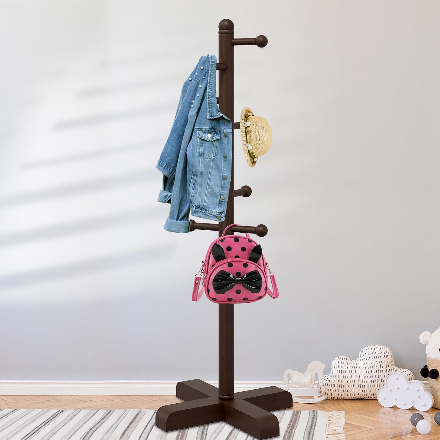 Coat Rack, Freestanding Coat Racks with 8 Hooks 2 Adjustable Height, Tree Coat Rack for Bedroom, Hallway, Entrance, Office, Hats, Handbags,Purse (Brown)