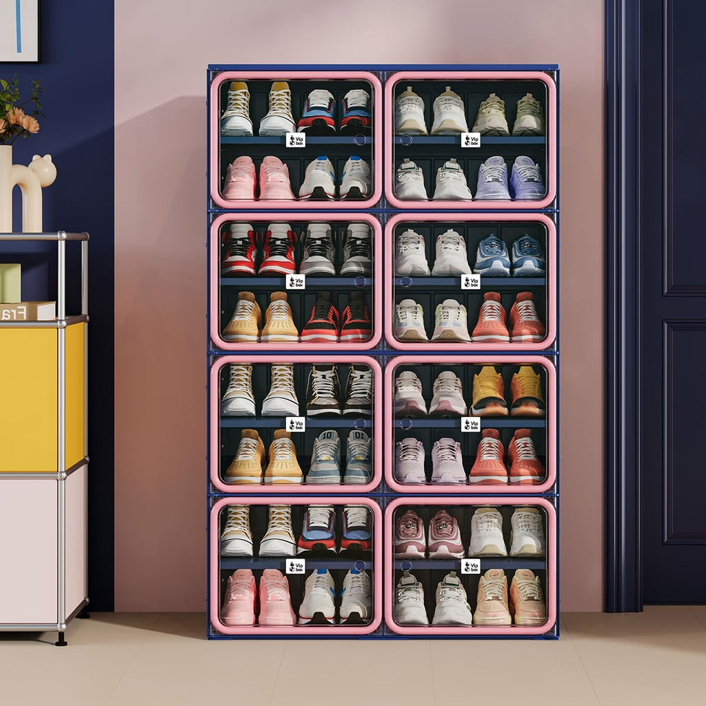 No-Assembly Shoe Organizer, Foldable Shoe Storage Cabinet with Reinforced Framed Doors, 8-Tier Integrated Shoe Box, Modern Blue & Pink Space-Saving Shoe Rack for Closet & Entryway, Size 12