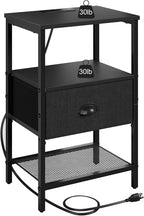 Sthmec Nightstands with Charging Station, LED Bedside Tables with Charging Station and Fabric Drawer, Night Stand with Storage, 3 Tier Side Table with Open Shelf, LED Nightstand Bedside Table,Black