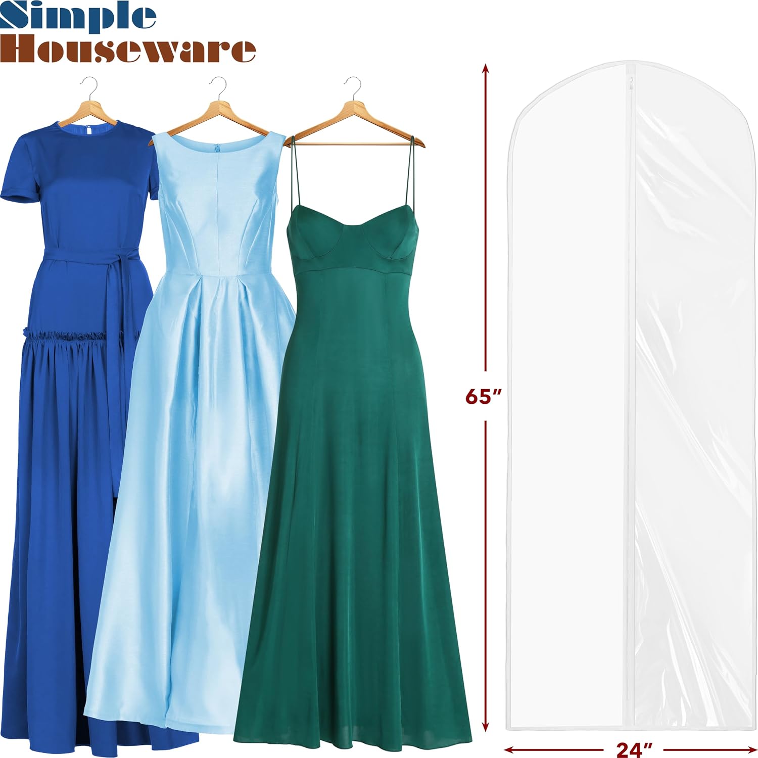Simple Houseware 65-Inch Clear Garment Bags with Zipper for Gowns, 2 Pack | for Suits, Dresses, Costumes, Uniforms