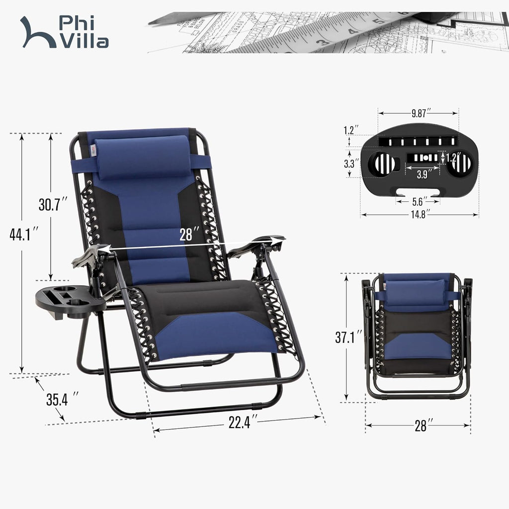 PHI VILLA Zero Gravity Chair Set of 2, Padded Anti Gravity Recliner, Oversized 28" Wide Seat, Foldable Patio Lounger with Armrest & Cup Holder, Supports 400 LBS (Blue Black)