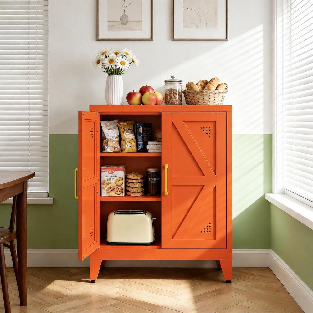 Metal Storage Cabinet with Adjustable Shelves and Doors, Orange