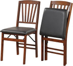 COSTWAY Folding Dining Chairs Set of 2, Upholstered Wooden Dining Room Chairs with PVC Padded Seat, Solid Wood Frame and 400LBS Capacity for Kitchen Apartment (Black & Brown)